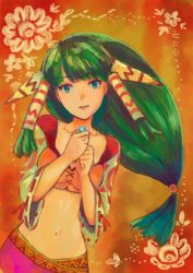 Rule 34 | 1girl, faux traditional media, feena (grandia), framed, grandia, grandia i, green eyes, green hair, hair ornament, hair tubes, highres, holding, holding jewelry, holding necklace, jewelry, lio (lune24), long hair, looking at another, low-tied long hair, midriff, multicolored background, navel, necklace, orange background, parted lips, pendant, solo, wide sleeves