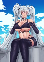 Rule 34 | 1girl, alabama (azur lane), azur lane, bandeau, bare shoulders, bikini, bikini under clothes, black bikini, black gloves, black shorts, black thighhighs, blue sky, breasts, cleavage, clothes writing, cloud, commentary, day, detached collar, elbow gloves, facial mark, feet out of frame, gloves, highres, ishimaru (ishimarust), large breasts, long hair, looking at viewer, midriff, navel, outdoors, parted lips, red eyes, short shorts, shorts, sitting, sky, solo, stomach, strapless, swimsuit, thighhighs, tube top, twintails, very long hair, whisker markings, white hair