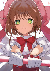 Rule 34 | 1girl, absurdres, angel wings, bow, bowtie, brown hair, cardcaptor sakura, closed mouth, commentary request, dress, gloves, green eyes, hat, hat bow, highres, holding, holding staff, kinomoto sakura, kozomezuki, looking at viewer, petals, pink hat, portrait, puffy short sleeves, puffy sleeves, red bow, red bowtie, red dress, short hair with long locks, short sleeves, sidelocks, simple background, smile, solo, staff, upper body, white background, white gloves, white wings, wings