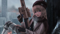 Rule 34 | 1girl, acog, aircraft, assault rifle, beanie, black gloves, black hat, blonde hair, blue eyes, blunt bangs, building, city, cityscape, close-up, commentary, cover, dindsau, english commentary, fire, fn scar, girls&#039; frontline, gloves, grey jacket, gun, hat, helicopter, highres, holding, holding gun, holding weapon, holster, indoors, jacket, knee pads, knee up, long hair, long sleeves, looking at viewer, magazine (weapon), optical sight, panties, pantyhose, parted lips, reloading, rifle, rooftop, ruins, scar-l (girls&#039; frontline), scope, sidelocks, sitting, skyscraper, strap, suppressor, tactical clothes, thigh holster, trigger discipline, underwear, war, weapon, white panties