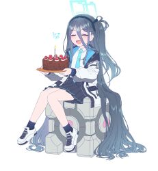 Rule 34 | 1girl, absurdly long hair, absurdres, aperture science weighted companion cube, aris (blue archive), birthday, black hair, black hairband, black skirt, blue archive, blue necktie, cake, candle, crossover, food, hairband, halo, highres, jacket, kaoling, long hair, meme, multicolored clothes, multicolored jacket, necktie, one side up, open clothes, open jacket, portal (series), portal 1, school uniform, shirt, sitting, sitting on object, skirt, smile, solo, the cake is a lie (meme), two-tone jacket, very long hair, white shirt