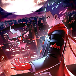 Rule 34 | 1boy, = (9 yawbus), absurdres, black jacket, blue hair, building, cityscape, closed mouth, cloud, commentary request, creatures (company), cyrus (pokemon), cyrus (sygna suit) (pokemon), darkrai, game freak, gen 4 pokemon, gloves, grey eyes, highres, jacket, legendary pokemon, long sleeves, looking back, male focus, moon, mythical pokemon, night, nintendo, official alternate costume, outdoors, pokemon, pokemon (creature), pokemon masters ex, red gloves, red scarf, scarf, short hair, sky, spiked hair