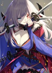 Rule 34 | 1girl, ;d, bare shoulders, blue eyes, blue kimono, breasts, cleavage, detached collar, detached sleeves, dual wielding, fate/grand order, fate (series), hair down, highres, holding, holding sword, holding weapon, igayan, japanese clothes, katana, kimono, large breasts, long hair, looking at viewer, miyamoto musashi (fate), miyamoto musashi (third ascension) (fate), one eye closed, open mouth, pink hair, sash, short kimono, sleeveless, sleeveless kimono, smile, solo, swept bangs, sword, weapon, wide sleeves