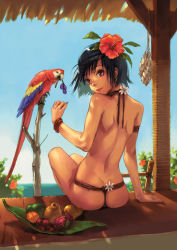 Rule 34 | 1girl, ass, bird, black hair, brown eyes, day, female focus, flower, food, from behind, fruit, hair flower, hair ornament, hibiscus, looking back, lowres, macaw, mouth hold, nishimura eri, nude, original, parrot, scarlet macaw, short hair, sitting, sky, solo, topless, twisted neck