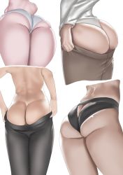 Rule 34 | 4girls, ass, ass cutout, ass focus, back, black legwear, black panties, brown legwear, bug, butt crack, butterfly, clothing cutout, cropped legs, cropped torso, highres, insect, lifted by self, long sleeves, multiple girls, panties, pantyhose lift, shirt, simple background, skindentation, standing, thighs, thong, tomiokasena, topless, underwear, white background, white panties, white shirt