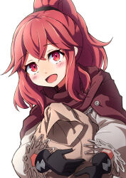 Rule 34 | 1girl, anna (fire emblem), anna (fire emblem engage), bag, black gloves, blush, cape, crossed bangs, fire emblem, fire emblem engage, gloves, high ponytail, highres, holding, holding bag, medium hair, minamonochaba, nintendo, open mouth, puffy sleeves, red cape, red eyes, red hair, sidelocks, simple background, solo, white background, white sleeves