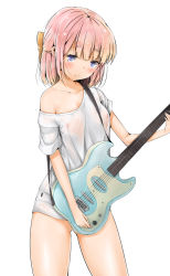 Rule 34 | 1girl, absurdres, bare shoulders, blue eyes, blunt bangs, blush, bottomless, breasts, collarbone, covered erect nipples, guitar, hair ribbon, highres, instrument, nipples, off shoulder, original, pink hair, qzik, ribbon, see-through, shirt, short hair, short sleeves, simple background, small breasts, smile, solo, standing, sweat, wet, wet clothes, white background, white shirt
