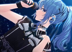 Rule 34 | 14 (vision5032), 1girl, belt, black ribbon, blue eyes, blue hair, blue nails, buttons, choker, commentary, earpiece, earrings, fingernails, green ribbon, hair ribbon, hands up, holding, holding microphone, hololive, hoshimachi suisei, hoshimachi suisei (streetwear), jewelry, long hair, looking at viewer, microphone, neck ribbon, official alternate costume, official alternate hairstyle, parted lips, ponytail, ribbon, short sleeves, sidelocks, solo, star (symbol), star in eye, stud earrings, symbol in eye, upper body, virtual youtuber