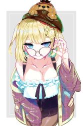 Rule 34 | 1girl, absurdres, animal, animal on head, blonde hair, blue eyes, breasts, bubba (watson amelia), casual, cleavage, collarbone, dog, dog on head, frills, geema-geema, glasses, hair ornament, hairclip, hat, highres, hololive, hololive english, jacket, large breasts, nail polish, off shoulder, on head, pantyhose, round eyewear, simple background, smile, solo, virtual youtuber, watson amelia, watson amelia (street casual), yellow nails, zipper pull tab, zipper skirt