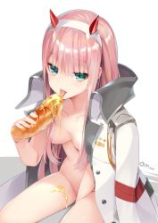 Rule 34 | 10s, 1girl, bad id, bad pixiv id, between legs, breasts, coat, collarbone, commentary, darling in the franxx, food, green eyes, hair between eyes, hair censor, hair over breasts, hand between legs, heart, heart-shaped pupils, highres, holding, holding food, horns, jacket, jacket on shoulders, licking, long hair, looking at viewer, mvv, naked coat, open clothes, open jacket, pink hair, sausage, sexually suggestive, signature, sitting, small breasts, solo, symbol-shaped pupils, tongue, tongue out, very long hair, white jacket, zero two (darling in the franxx)