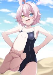 Rule 34 | 1girl, absurdres, abydos high school swimsuit, ahoge, bare arms, bare legs, bare shoulders, barefoot, black one-piece swimsuit, blue archive, blue eyes, blush, breasts, collarbone, day, desert, fang, gluteal fold, hair between eyes, halo, heterochromia, highres, hoshino (blue archive), hoshino (young) (blue archive), kamesys, one-piece swimsuit, open mouth, outdoors, pink hair, pink halo, short hair, small breasts, soles, solo, swimsuit, toes, yellow eyes