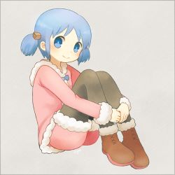 Rule 34 | 1girl, ayu (mog), bad id, bad pixiv id, black pantyhose, blue eyes, blue hair, boots, cube hair ornament, hair ornament, looking at viewer, matching hair/eyes, naganohara mio, nichijou, pantyhose, short twintails, sitting, smile, solo, twintails