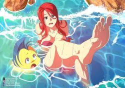 Rule 34 | 1girl, ariel (disney), barefoot, blue eyes, ducklordethan, feet, fish, flounder (the little mermaid), foot up, long hair, open mouth, red hair, shell, shell bikini, soles, the little mermaid, toes, water