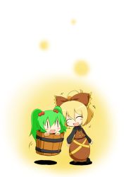 Rule 34 | 2girls, blonde hair, bouncing, bow, bucket, closed eyes, female focus, hair bobbles, hair bow, hair ornament, in bucket, in container, kisume, kurodani yamame, long hair, long sleeves, multiple girls, open mouth, ponytail, rai (sakuranbo sugar), touhou, twintails, white background
