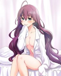 Rule 34 | 10s, 1girl, antenna hair, areola slip, blue eyes, blush, breasts, earrings, hair between eyes, hand on own chin, highres, ichinose shiki, idolmaster, idolmaster cinderella girls, jewelry, long hair, long sleeves, looking at viewer, navel, purple hair, sakayama shinta, simple background, sitting, sleeves past wrists, smile, solo, stomach, thick thighs, thighs, very long hair, white background
