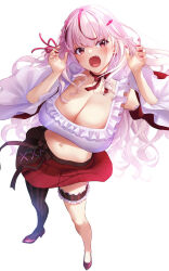 Rule 34 | 1girl, blush, breasts, cleavage, detached sleeves, fangs, frilled sleeves, frills, from above, full body, hair ornament, hair ribbon, high heels, highres, large breasts, long hair, looking at viewer, midriff, multicolored hair, nakajima yuka, navel, open mouth, original, red eyes, red hair, red nails, red ribbon, red skirt, ribbon, simple background, skirt, solo, thigh strap, two-tone hair, very long hair, white background, white hair