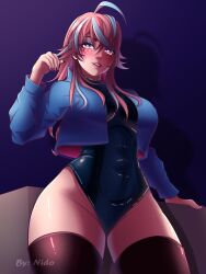 Rule 34 | 1girl, affternido, alternate costume, arm at side, artist name, black thighhighs, blue eyeshadow, blue hair, blue jacket, blue leotard, blush, breasts, brown hair, covered navel, cowboy shot, cropped jacket, emikukis (vtuber), eyebrows, eyelashes, eyeshadow, female focus, fingernails, from below, grin, hand up, indie virtual youtuber, jacket, large breasts, latex, leotard, lips, long fingernails, long sleeves, looking at viewer, looking down, makeup, multicolored hair, nail polish, naughty face, nose, open clothes, open jacket, parted lips, pink eyes, purple nails, smile, solo, standing, streaked hair, teeth, thick thighs, thighhighs, thighs, two-tone hair, virtual youtuber, watermark