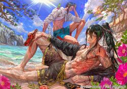 Rule 34 | 2boys, abs, alcohol, alternate costume, alternate hairstyle, arm support, armpits, beach, black hair, blue hair, bottle, camera, cliff, cloud, copyright notice, cropped shirt, day, egawa akira, fate/grand order, fate (series), flower, full-body tattoo, full body, glass bottle, green eyes, hair between eyes, hand in own hair, holding, holding bottle, huang feihu (fate), jacket, liquor, long hair, looking at viewer, lying, male focus, multicolored hair, multiple boys, muscular, muscular male, on side, open clothes, open jacket, outdoors, pectoral cleavage, pectorals, ponytail, rock, shorts, sidelocks, sitting, sitting on rock, sleeves pushed up, smirk, stomach, sun, tattoo, teeth, tree, water, yan qing (fate)