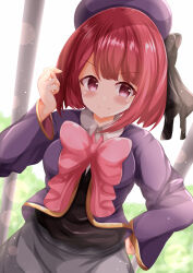 Rule 34 | &gt;:), 1girl, arima kana, beret, black bow, black dress, blurry, blurry background, blush, bow, closed mouth, collared shirt, depth of field, dress, hand on own hip, hand up, hat, highres, jacket, long sleeves, looking at viewer, oshi no ko, pink bow, purple eyes, purple hat, purple jacket, red hair, shirt, smile, solo, v-shaped eyebrows, white shirt, wide sleeves, xenon (for achieve)