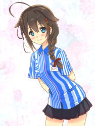 Rule 34 | 1girl, ahoge, alternate costume, arms behind back, black hair, black skirt, blue eyes, blue shirt, braid, cowboy shot, employee uniform, hair flaps, hair ornament, hair over shoulder, highres, kantai collection, kujira naoto, lawson, leaning forward, long hair, looking at viewer, name tag, pleated skirt, shigure (kancolle), shigure kai ni (kancolle), shirt, single braid, skirt, smile, solo, striped clothes, striped shirt, uniform, white background