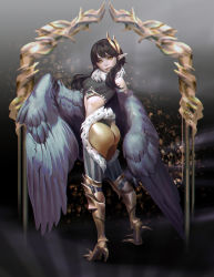 1girl absurdres ass black_hair blue_feathers blue_wings breasts colored_sclera feathered_wings feathers fur_collar grey_sclera hair_ornament harpy highres monster_girl olesyaspitz original pointy_ears small_breasts solo striped_clothes striped_legwear striped_thighhighs talons thighhighs twisted_torso vertical-striped_clothes vertical-striped_thighhighs winged_arms wings yellow_eyes