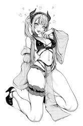 Rule 34 | 1girl, absurdres, artist name, bikini, brassica, breasts, bridal garter, choker, collarbone, covered erect nipples, demon horns, detached sleeves, finger to mouth, fingernails, frilled bikini, frilled choker, frilled hairband, frills, greyscale, hairband, heart, high heels, highres, horns, kneeling, large breasts, long hair, monochrome, narrow waist, navel, original, pelvic curtain, photo-referenced, pointy ears, sharp fingernails, solo, sparkling eyes, swimsuit, twintails, wide sleeves