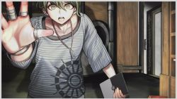 Rule 34 | 1boy, :o, amami rantaro, antenna hair, bracelet, collarbone, danganronpa (series), danganronpa v3: killing harmony, door, ear piercing, earrings, eyelashes, green eyes, green hair, holding, jewelry, komatsuzaki rui, looking at viewer, male focus, necklace, official art, pendant, photo (object), piercing, ring, shirt, solo, spoilers, striped clothes, striped shirt, surprised, tablet pc