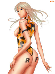 Rule 34 | 1girl, ass, blonde hair, breasts, camouflage, female focus, long hair, pun, ryu (ryu&#039;s form site), smile, solo, white background
