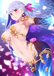 Rule 34 | 1girl, armor, armpits, bad id, bad pixiv id, bikini armor, blush, breasts, breasts apart, circlet, cleavage, collar, earrings, fate/grand order, fate (series), flower, hair ribbon, highres, jewelry, jilu, kama (fate), kama (third ascension) (fate), large breasts, long hair, looking at viewer, lotus, metal collar, navel, petals, red eyes, ribbon, silver hair, solo, space, sparkle, star (sky), thighlet, thighs