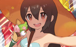 Rule 34 | 1girl, :d, between breasts, blush, breasts, brown eyes, brown hair, cleavage, collarbone, creatures (company), face, food, game freak, hair between eyes, hat, holding, holding food, ice cream cone, long hair, looking at viewer, medium breasts, nintendo, official art, open mouth, pokemon, pokemon sm, pokemon tcg, saitou naoki, sidelocks, sightseer (pokemon), smile, solo, strap between breasts, sun hat, third-party source