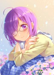 Rule 34 | 1girl, bad id, bad pixiv id, blue dress, crossed arms, dress, fate/grand order, fate (series), flower, glasses, hair over one eye, jin rikuri, mash kyrielight, mash kyrielight (senpai killer outfit), official alternate costume, pink flower, purple eyes, purple hair, short hair, sitting, smile, solo
