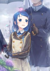 Rule 34 | 10s, 1boy, 1girl, admiral (kancolle), belt, blue eyes, blue gloves, blue hair, blush, brown gloves, closed umbrella, ebizome, flower, gloves, gradient hair, height difference, holding, holding umbrella, hydrangea, kantai collection, long hair, long sleeves, looking at another, multicolored hair, outdoors, rain, raincoat, samidare (kancolle), umbrella, very long hair
