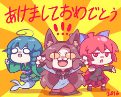 Rule 34 | 10s, 2016, 3girls, :3, ahoge, akeome, animal ears, animal hands, blue hair, bow, brooch, brown hair, chibi, cloak, dress, drill hair, fangs, fins, frilled kimono, frills, guuchama, hair bow, happy new year, head fins, highres, imaizumi kagerou, japanese clothes, jewelry, kimono, long hair, long sleeves, mermaid, monster girl, multiple girls, neco-arc, neco-arc kagerou, new year, o o, obi, open mouth, red eyes, red hair, ringlets, sash, sekibanki, short hair, skirt, slit pupils, smile, text focus, touhou, tsukihime, wakasagihime, wide sleeves, wolf ears, yellow eyes