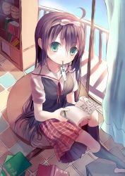 Rule 34 | 1girl, ahoge, bad id, bad pixiv id, black socks, book, brown hair, clover, curtains, four-leaf clover, green eyes, indoors, kneehighs, long hair, looking at viewer, mouth hold, open book, opopowa, original, pencil, plaid, plaid skirt, reading, school uniform, sitting, sitting on object, skirt, socks, solo, very long hair