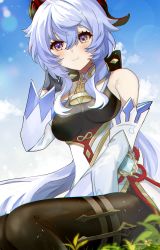 Rule 34 | 1girl, absurdres, bare shoulders, bell, black gloves, black pantyhose, blue hair, blue sky, blush, bow, breasts, chinese knot, cloud, day, detached sleeves, flower knot, ganyu (genshin impact), genshin impact, gloves, gold trim, highres, horns, light smile, long hair, looking at viewer, medium breasts, neck bell, pantyhose, purple eyes, sideboob, sidelocks, sitting, sky, solo, thighlet, vision (genshin impact), white sleeves, yuro ( yu you)