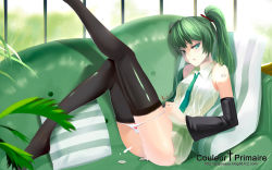 Rule 34 | 1girl, aftersex, bad id, bad pixiv id, bare shoulders, black thighhighs, blood, bottomless, couch, cum, cum in pussy, defloration, detached sleeves, green eyes, green hair, hatsune miku, highres, kouichi t, leaf, leg lift, legs, legs up, long legs, matching hair/eyes, panties, panty pull, plant, pussy juice, sitting, solo, thighhighs, thighs, underwear, vocaloid, wallpaper