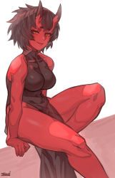 Rule 34 | 1girl, bare arms, bare legs, bare shoulders, black dress, black hair, breasts, colored skin, commentary, covered navel, dress, english commentary, feet out of frame, fingernails, horns, kidouko (zakusi), knee up, large breasts, looking at viewer, oni, original, parted lips, pelvic curtain, red oni, red skin, short hair, signature, simple background, sitting, sleeveless, sleeveless dress, slit pupils, smile, solo, white background, yellow eyes, zakusi