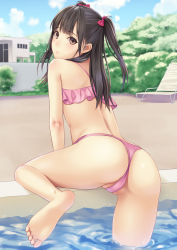 Rule 34 | 1girl, absurdres, arm support, ass, bare arms, bare legs, bare shoulders, barefoot, bikini, black hair, blue sky, bow, brown eyes, building, chair, cloud, day, deck chair, feet, frilled bikini, frills, hair bow, highres, leaning forward, legs apart, long hair, looking at viewer, lounge chair, n.g., original, outdoors, partially visible vulva, pink bikini, plant, pool, red bow, sky, soaking feet, soles, solo, summer, swimsuit, thong bikini, toes, tree, two side up, water