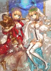 Rule 34 | 10s, 2girls, bad id, bad pixiv id, blonde hair, blush, breasts, brown legwear, chocoan, cleavage, closed mouth, commentary request, fate/extra, fate/extra ccc, fate/grand order, fate (series), green eyes, large breasts, looking at viewer, multiple girls, nero claudius (bride) (fate), nero claudius (bride) (third ascension) (fate), nero claudius (fate), nero claudius (fate) (all), nero claudius (fate/extra), off shoulder, open mouth, sitting, smile, thighhighs, white legwear