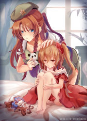 Rule 34 | 2girls, absurdres, alternate hairstyle, bamboo (akimotoaki), bed, bed sheet, bedroom, beret, blue eyes, breasts, character doll, cleavage, collarbone, dress, flandre scarlet, hand on another&#039;s head, hat, highres, hong meiling, indoors, hugging own legs, long hair, looking at another, looking down, multiple girls, objectification, panties, pink panties, ponytail, red dress, red eyes, red hair, remilia scarlet, side ponytail, side slit, sitting, smile, star (symbol), thighs, touhou, underwear