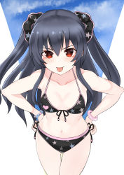 Rule 34 | 1girl, bikini, black bikini, black hair, breasts, hands on own hips, highres, leaning forward, legs, looking at viewer, navel, neptune (series), red eyes, small breasts, smile, solo, swimsuit, thighs, tongue, tongue out, twintails, uni (neptunia)