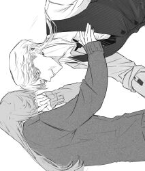Rule 34 | 1boy, 1girl, arm tattoo, ear piercing, formal, from side, greyscale, hand on another&#039;s chest, highres, long hair, long sleeves, looking at another, male focus, monochrome, necktie, nyub, parted lips, piercing, sanzu haruchiyo, scar, scar on face, sleeves rolled up, standing, striped clothes, suit, tattoo, tokyo revengers, upper body, vest, white background, wolf cut
