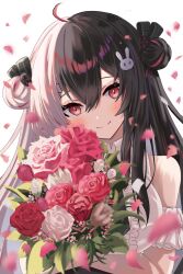 Rule 34 | 1girl, absurdres, ahoge, bare shoulders, black hair, blush, bouquet, breasts, closed mouth, double bun, falling petals, flower, frilled shirt, frills, grey hair, hair bun, hair ornament, highres, holding, holding bouquet, large breasts, long hair, looking at viewer, multicolored hair, namakubisteru, nijisanji, official alternate costume, petals, pink flower, rabbit hair ornament, red eyes, red flower, red hair, red rose, rose, shirt, simple background, sleeveless, sleeveless shirt, smile, solo, split-color hair, streaked hair, two-tone hair, virtual youtuber, white background, white flower, white rose, white shirt, x hair ornament, yorumi rena, yorumi rena (11th costume)