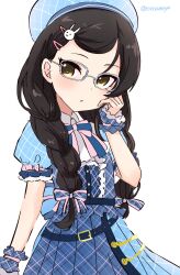 Rule 34 | 1girl, alternate hairstyle, belt, bespectacled, black hair, blue belt, blue dress, blue headwear, blue ribbon, blush, bow, braid, breasts, dot nose, dress, frilled dress, frills, glasses, hair ornament, hair ribbon, hairclip, hand up, highres, idolmaster, idolmaster cinderella girls, idolmaster cinderella girls starlight stage, idolmaster cinderella girls u149, long hair, looking at viewer, low twintails, matoba risa, parted lips, plaid, plaid dress, plaid headwear, plaid ribbon, puffy short sleeves, puffy sleeves, rabbit hair ornament, ribbon, roccamoya, scrunchie, short sleeves, simple background, small breasts, solo, twin braids, twintails, twitter username, two-tone bowtie, two-tone ribbon, upper body, white-framed eyewear, white background, yellow eyes