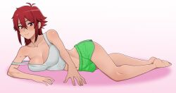 Rule 34 | 1girl, a rodjim, absurdres, aizawa tomo, blush, breasts, cleavage, feet, female focus, highres, large breasts, looking at viewer, lying, medium hair, navel, red eyes, red hair, simple background, smile, soles, solo, tomo-chan wa onna no ko, white background