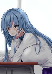 Rule 34 | 1girl, :t, annoyed, binkan argento, blue hair, breast rest, breasts, breasts on table, chair, closed mouth, desk, frown, hand on own cheek, hand on own chin, hand on own face, head rest, highres, indoors, large breasts, long hair, long sleeves, looking at viewer, original, pout, red eyes, shirt, simple background, sitting, solo, table, upper body, v-shaped eyebrows, white background, wooden table