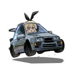Rule 34 | 1girl, :o, absurdres, airborne, black ribbon, blonde hair, brown eyes, commentary, driving, english commentary, ford sierra, hair ribbon, highres, holeecrab, kantai collection, long hair, open mouth, ribbon, shadow, shimakaze (kancolle), solo, spoiler (automobile), v-shaped eyebrows, vehicle focus