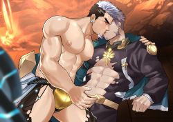 Rule 34 | 2boys, abs, abs cutout, assisted exposure, bara, bare pectorals, black hair, black shirt, blush, bulge, cleavage cutout, clothing cutout, commission, couple, crotchless, crotchless pants, earrings, facial hair, goatee, green eyes, gyee, highres, jewelry, kienbiu, kiss, large pectorals, long sideburns, male focus, multicolored hair, multiple boys, muscular, navel, nipples, pectorals, purple hair, revealing clothes, second-party source, shirt, topless male, short hair, shrug (clothing), sideburns, skin tight, spread legs, su (gyee), thick thighs, thigh cutout, thighs, torn clothes, torn shirt, two-tone hair, undressing, yan (gyee), yaoi