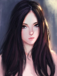Rule 34 | 1girl, absurdres, black hair, brown hair, chaosringen, closed mouth, eyelashes, freckles, highres, light, lips, long hair, looking at viewer, nose, nude, original, parted bangs, photo-referenced, signature, solo, upper body