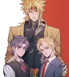 Rule 34 | 3boys, aged down, blonde hair, blue eyes, blue hair, blue jacket, closed mouth, commentary request, dio brando, dual persona, earrings, hako iix07, headband, highres, jacket, jewelry, jojo no kimyou na bouken, jonathan joestar, long hair, long sleeves, looking at viewer, male focus, multiple boys, necktie, parted lips, phantom blood, red eyes, red necktie, scar, scar on neck, shirt, short hair, smile, smirk, standing, stardust crusaders, time paradox, vest, white shirt, yellow jacket